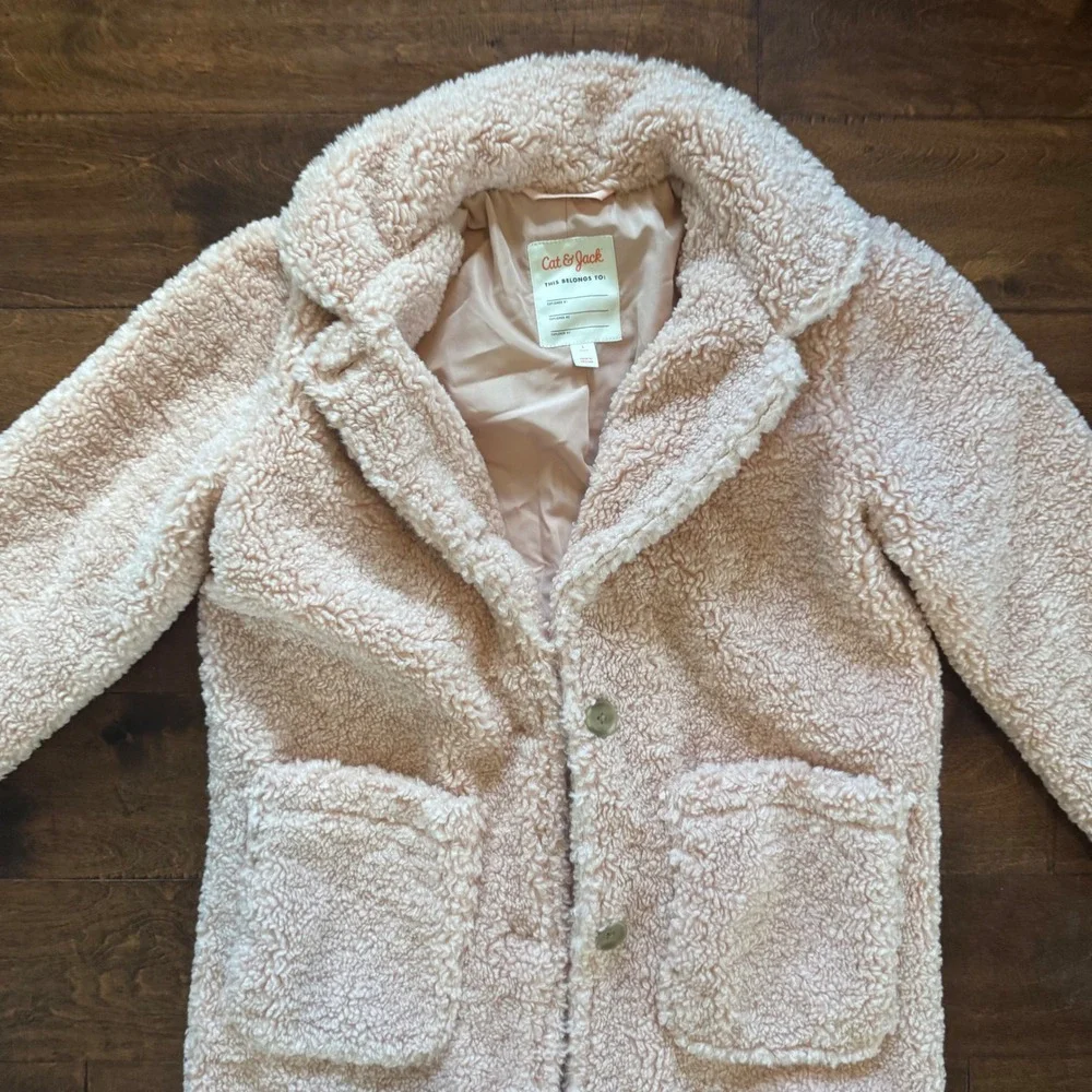 Cat & Jack Girls Blush Pink Faux Fur Sherpa Teddy Coat Jacket Size L Large